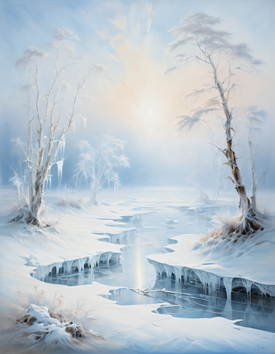 Immerse yourself in a winter wonderland with this captivating painting featuring rime ice that creates a mystical and enchanting atmosphere, transforming the landscape into a work of art. The composition captures the ethereal beauty of the ice formations, with delicate brushstrokes and a soft color palette evoking a sense of tranquility and serenity. The use of light and shadow adds depth and dimension to the painting, inviting viewers to explore the enchanting world of rime ice. Painted by renowned landscape artist J.M.W. Turner.