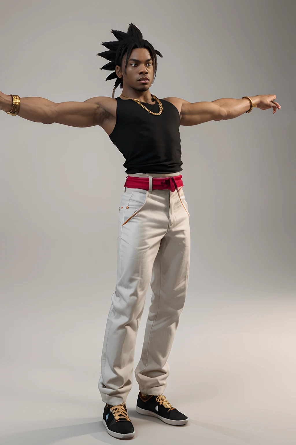 Goku from dragonball z, as a black man, dreadlocks, wearing a gold chain, full body, T-pose, facing forward, arms stretched out to sides, white background, 3d character