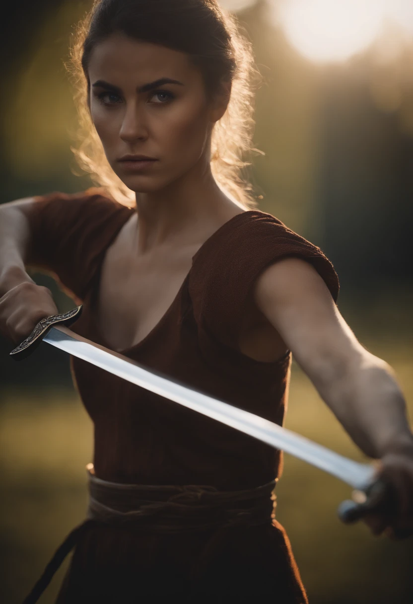 A young woman training with a sword, her eyes determined and focused. realistic clear face