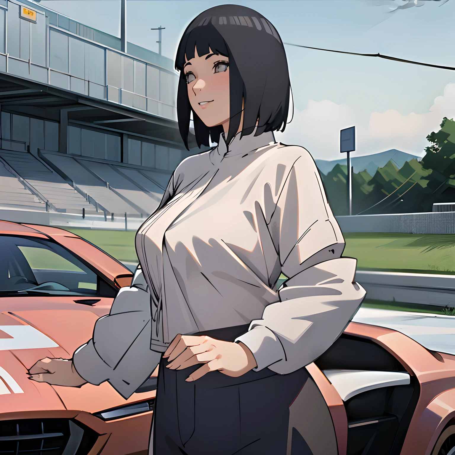 1lady solo standing, /(grid girl/) clothes with logo, mature Woman, /(black hair/) bangs, blush kind smile, (masterpiece best quality:1.2) delicate illustration ultra-detailed, large breasts, Her Breast out From Clothes, BREAK /(racing circuit outdoors/), racing car audience, detailed background, Best Quality 32k HDR,