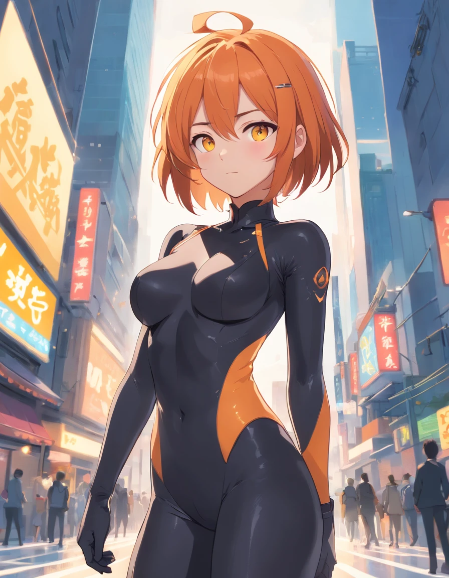 1 female、Orange hair、huge tit、Big ass、Black rubber suit、yellow eyes、Short Bob、Big thighs