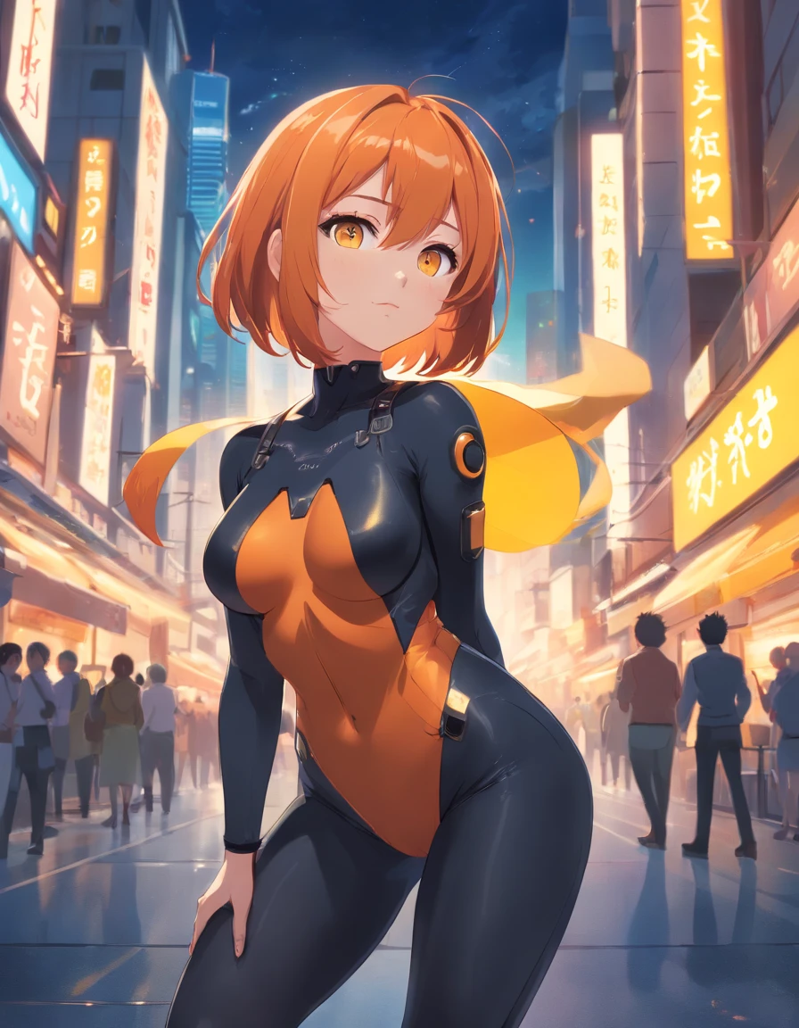 1 female、Orange hair、huge breasts、huge ass、Black catsuit、yellow eyes、Large, thick thighs、Short Bob、wide hips、pantyhose