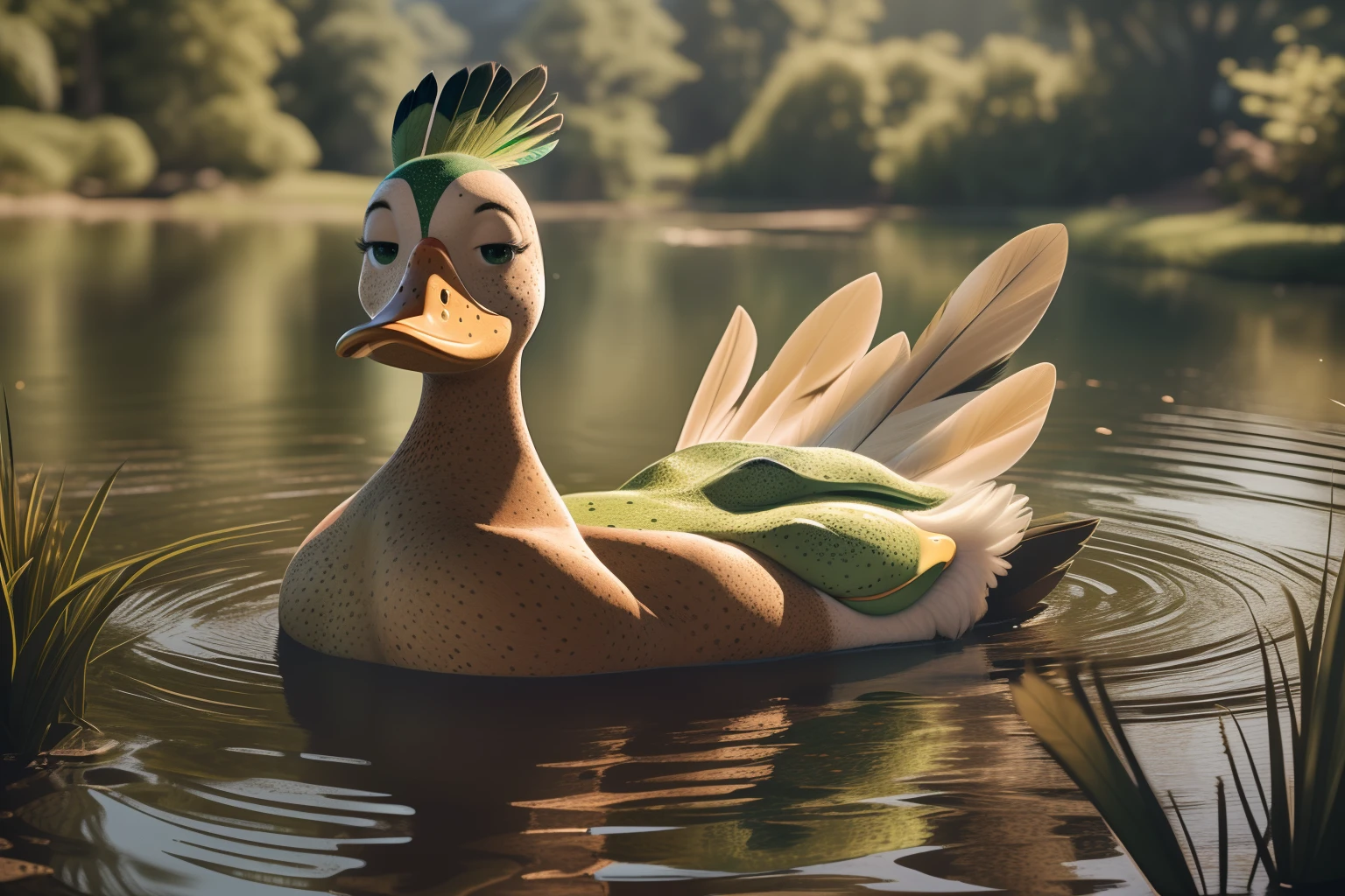 ((Naked)), ((Solo woman outside near a pond)), pale,full pov, ((freckled)), ((big freckles)), cute freckles, ((nose freckles)), ((hint of freckles)), ((woman with freckles)), ((shoulder freckles)), ((freckles!!!)), ((freckled arms)), ((back freckles)), ((freckled chest!!!)), ((light cute freckles)), ((sparse freckles)), ((mouth turns into duck bill)), ((duck bill muzzle)), ((fluffy)), fluffy woman, ((body feathers)), two-tone fur, gaze at the viewer, half-closed eyes, 1girl, solo, full body, (masterpiece:1.21), (best quality:1.2), (illustration:1.2), (cinematic lighting:1.3), ((detailed fur)), balanced coloring, global illumination, ray tracing, good lighting, center focus, ((arms turns into wings)), ((body covered in green duck feathers)), ((duck face))