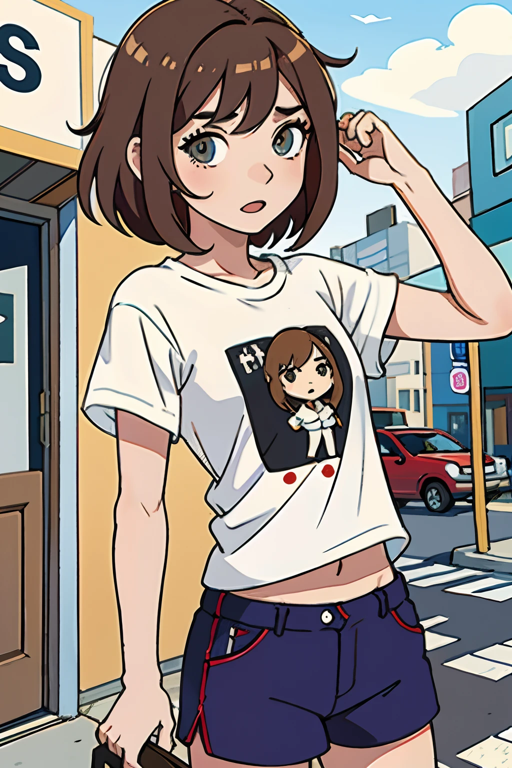 ,La mejor calidad ,pelo largo muy flaco , Caucasian anime girl max caulfield ,ojos grandes , Borrosa, , brown hair , feliz , , piel suave, , ojos expresivos , , , Camiseta roja de manga larga, short pants , city