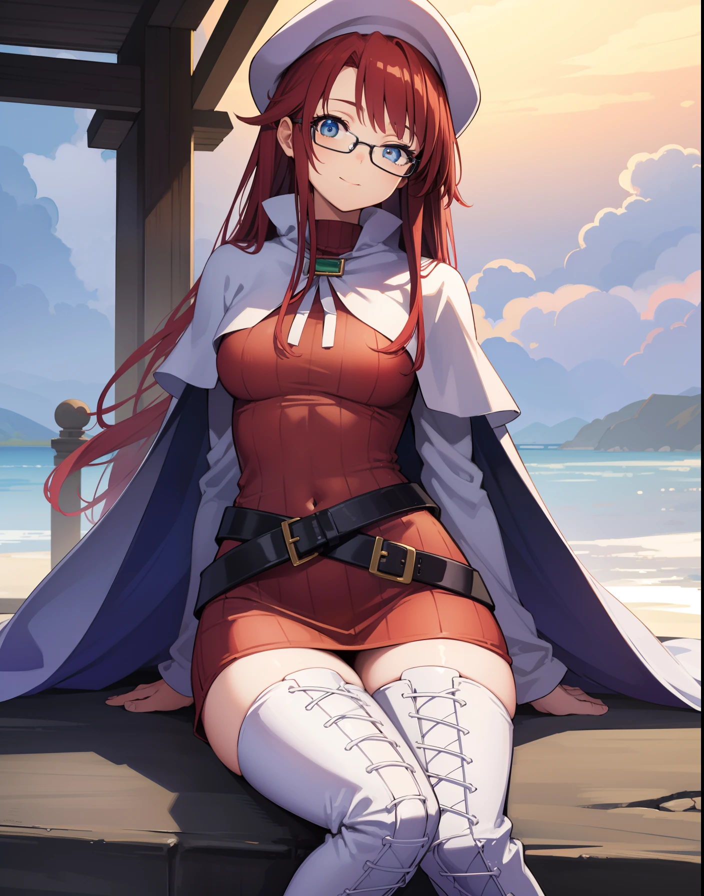 summonnightaty, aty, long hair, blue eyes, red hair, beret, hat, glasses,
BREAK long hair, thighhighs, hat, dress, boots, glasses, belt, cape, sweater, zettai ryouiki, beret, thigh boots, white footwear, ribbed sweater, loose belt,,
BREAK looking at viewer,
BREAK outdoors, fantasy_city,
BREAK (masterpiece:1.2), best quality, high resolution, unity 8k wallpaper, (illustration:0.8), (beautiful detailed eyes:1.6), extremely detailed face, perfect lighting, extremely detailed CG, (perfect hands, perfect anatomy),covered_nipples,covered_navel,light_smile,dynamic_posing,half_eyes,spread_legs,sitting,