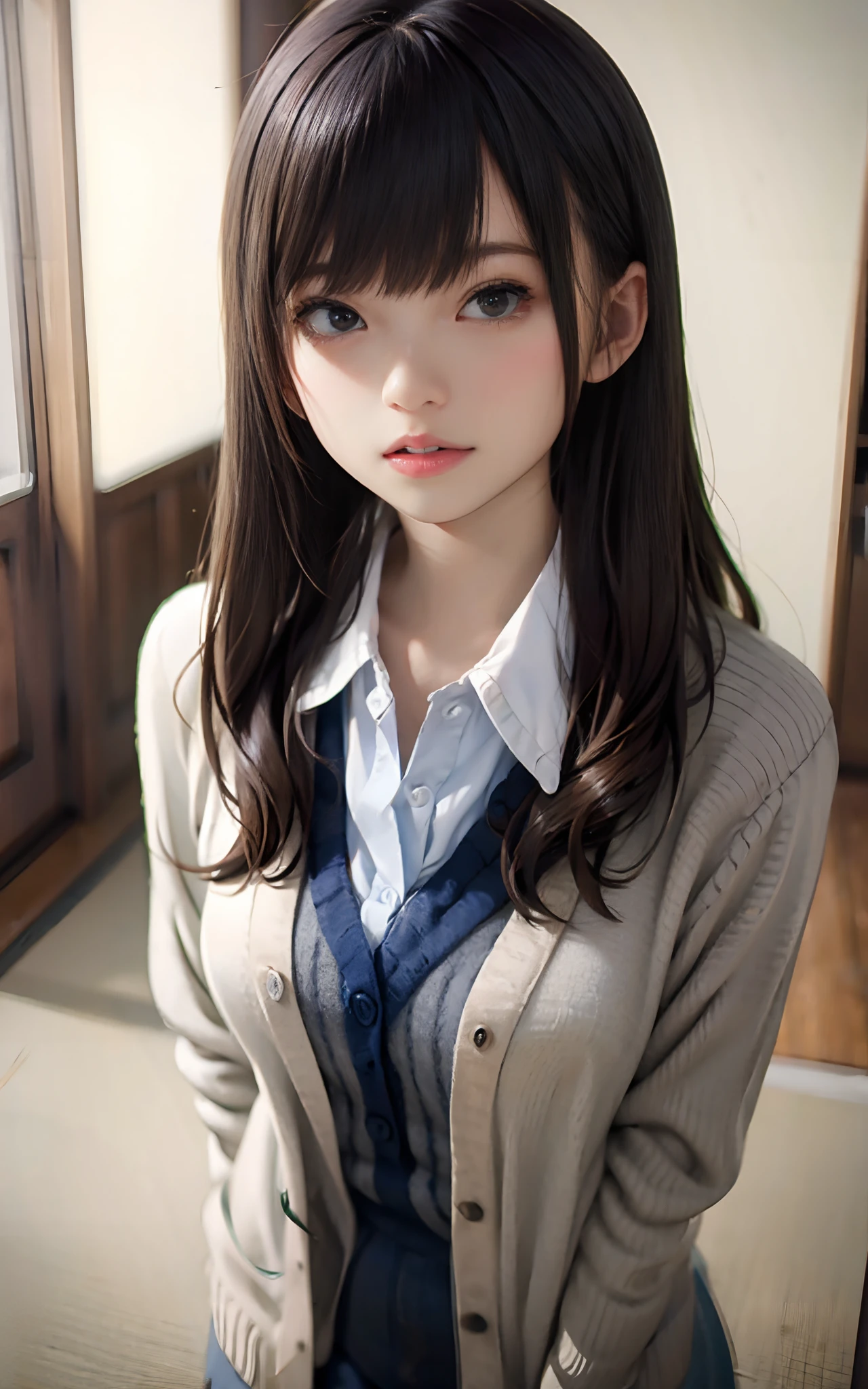 table top、highest quality、 Super detailed、High resolution、8k wallpaper、perfect dynamic composition,、fine and beautiful eyes、(beautiful breasts:1.3) 、blue blazer、white shirt、red tie、teenage girl、1 girl、beautiful girl、blonde hair、short hair、blue eyes、blue eyes、blue eyes、*********、smile、smile