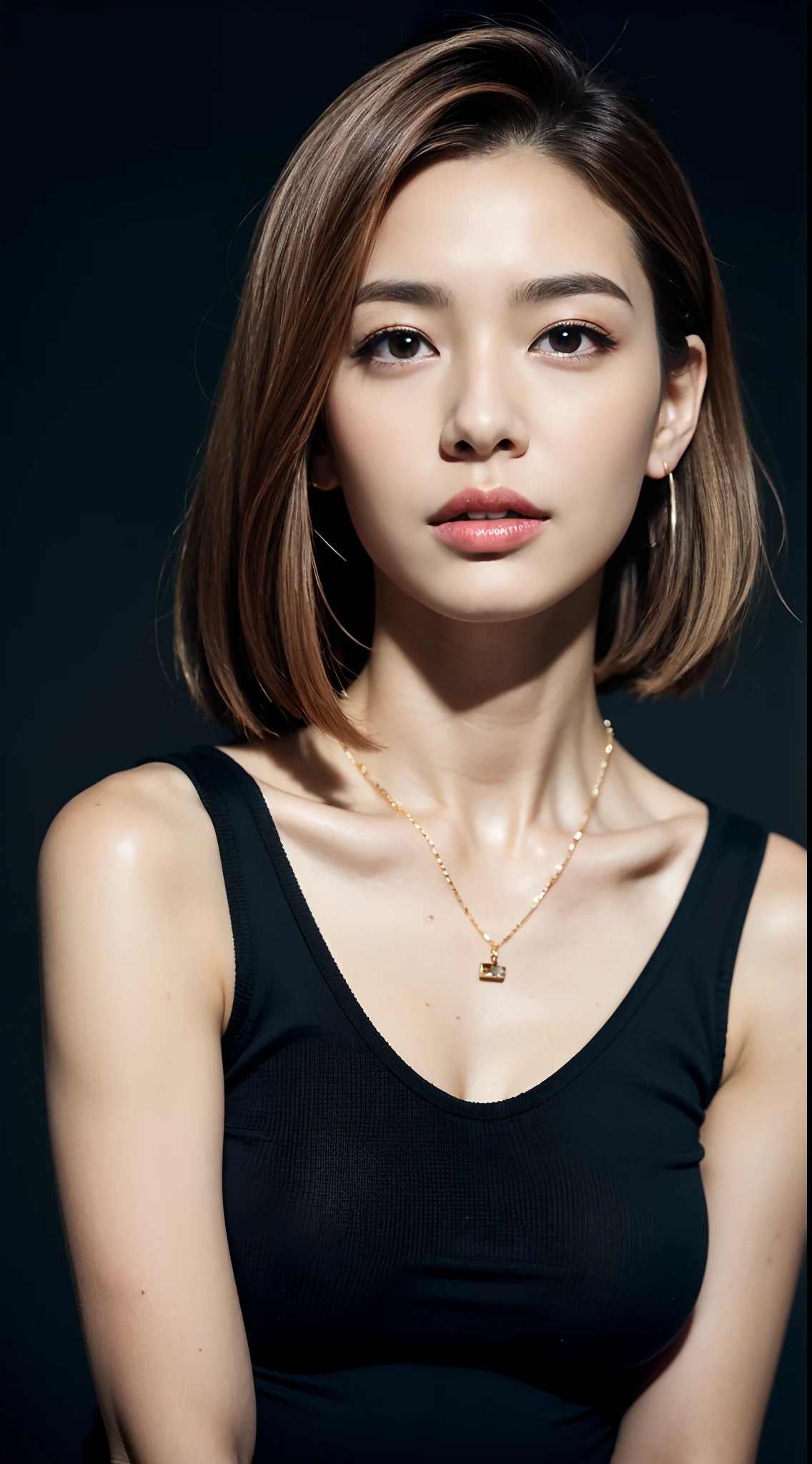 (masuter piece:1.3)、(8K、Photorealsitic、Raw photography、top-quality: 1.4)、(1girl in)、beautiful countenance、(Lifelike face)、(Light brown hair、Fancy piercings、a necklace、short-hair:1.3)、Beautiful hairstyle、realisticeyes、Beautiful details、（real looking skin）、Beautiful skins、（Black dress）、absurderes、enticing、超A high resolution、A hyper-realistic、high-detail、the golden ratio