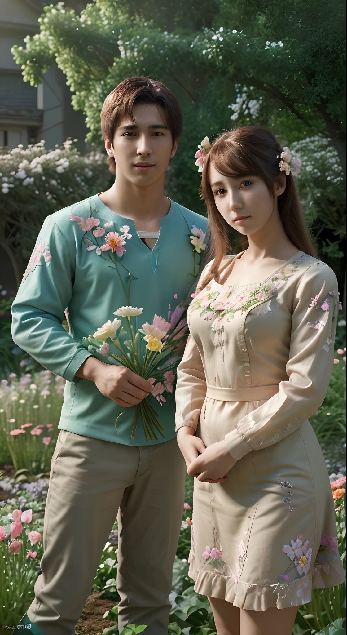 A beautiful girl with a handsome boy in a middle of garden with flowers arounds, anime style, intricated detailed, very detailed, volumetric lighting, uktra HD res,8k wallpaper