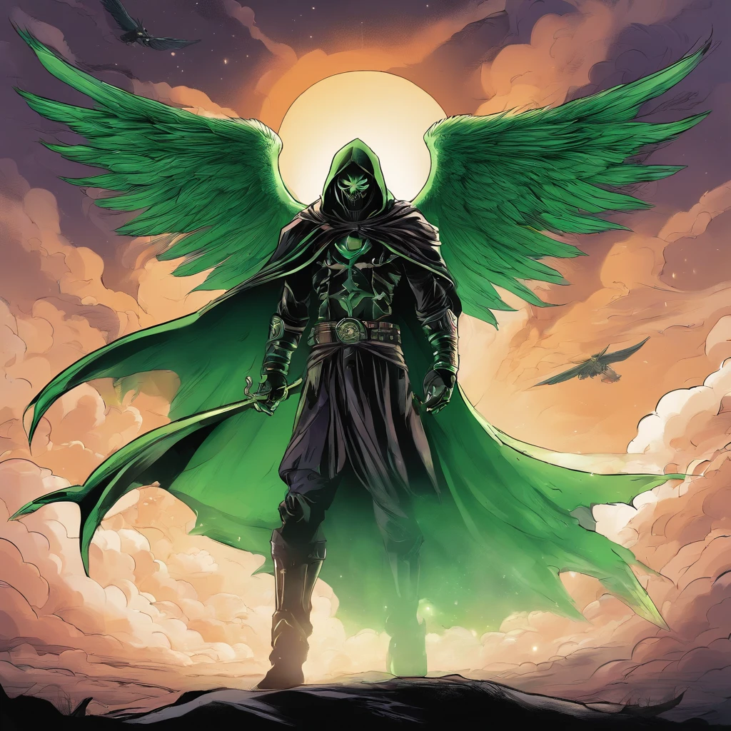 A male dark angel with spectral glowing green wings surrounded by clouds. Death. Hooded. Shadowy. Mist.
