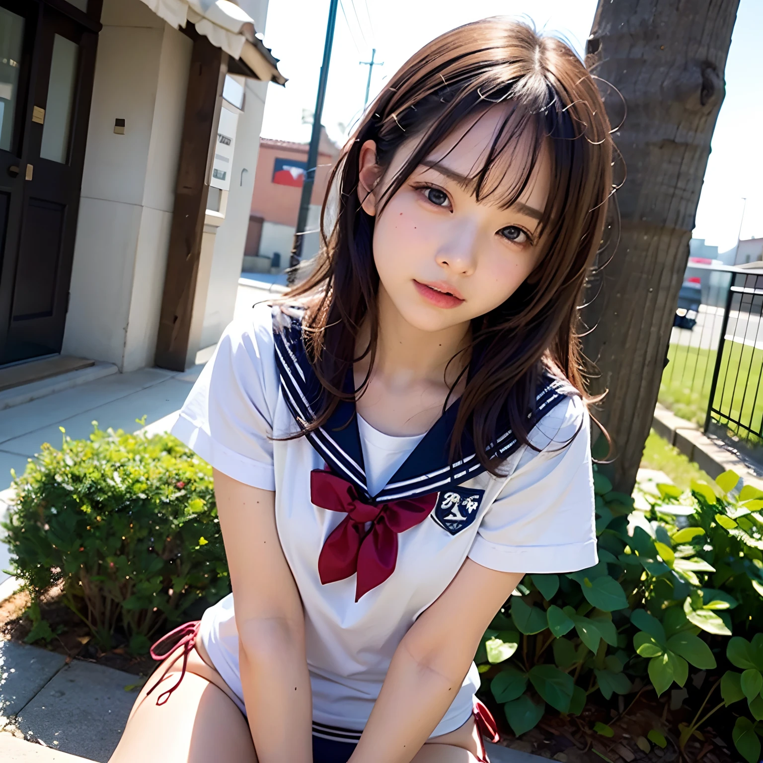 (masutepiece, Best Quality:1.2), 8K, Official art, Full body photo, Full Body Sbilfour、Hold both hands、Get on your knees、Raise your buttocks、I can see my panties、embarrassed from、Facing up、skinny、14years、small tits、Eyes closed、Deep sadness、Sorrow、look up sky、screeming、 unbelievable Ridiculous, (Upper body, Sailor suit on top、Panties underneath、serafuku:1.4), Beautiful Girl, Pretty Face, arching back down, cute panty、Gold hair ornament on hair、Cute underwear underneath、close up, School uniform, Short sleeve, gardenia, violaceaess, Teen, Street, Looking at Viewer, Film grain, chromatic abberation, Sharp Focus, face lights, Dynamic lighting, Cinematic lighting, Eyes and faces with detailed, Bokeh background, (1 dark red bow tie:1.2)