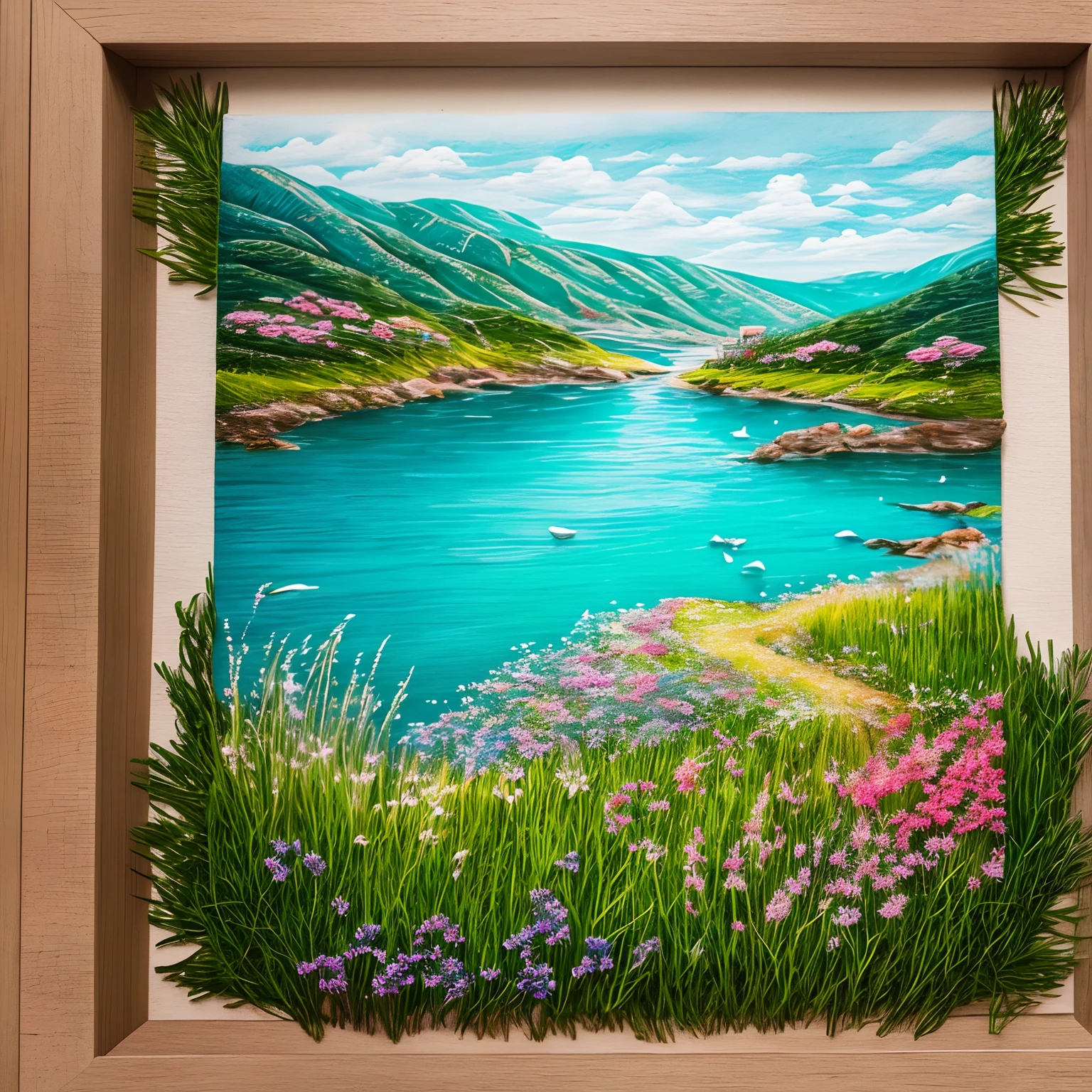 finest image, (8k, RAW photo, realistic), paper crafted, landscape painting made from shredded colored paper, quay, sea, grassland, flowers, detailed and delicate depiction, professional lighting