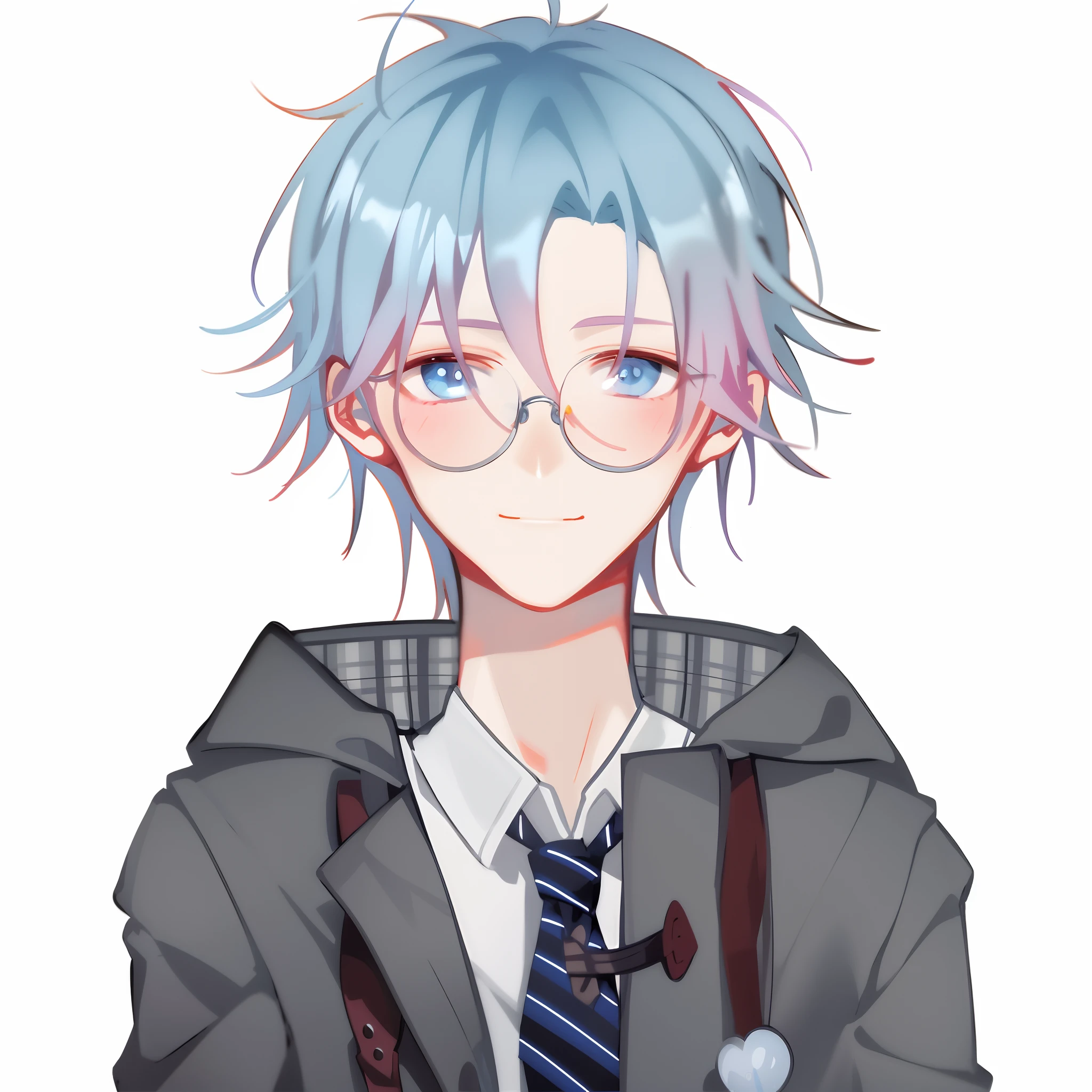 anime boy with blue hair and glasses wearing a tie, 2 d anime style, anime moe artstyle, 2 d anime, tall anime guy with blue eyes, young anime man, [[[[grinning evily]]]], sayori, anime boy, inspired by Okumura Togyu, made with anime painter studio, high quality anime artstyle