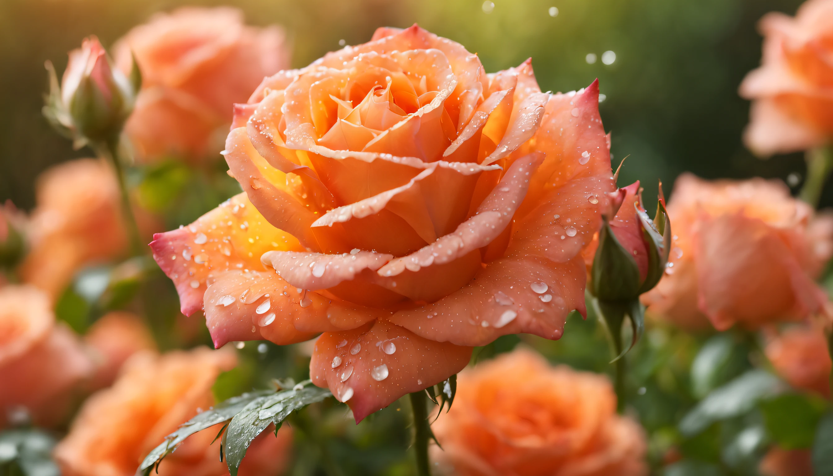 Many pinkish orange color rose flowers in the garden and sunlight with bokeh, dew drops on flower petals (masterpiece, ultra quality, high resolution, 8k, intricate: 1.2), (masterpiece), (best quality:1)