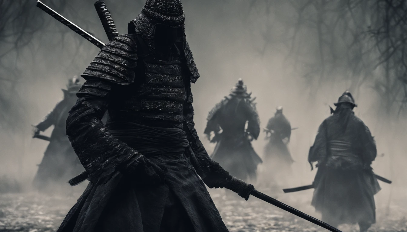 (best quality,4k,8k,A high resolution,master part:1.2),ultra-detalhado,Realistic:1.37,Samurai of Japan's Sengoku period,Use armadura samurai completa,Black Samurai Mask,Segurando uma katana afiada,A strong sense of oppression,olhos vermelhos brilhantes
