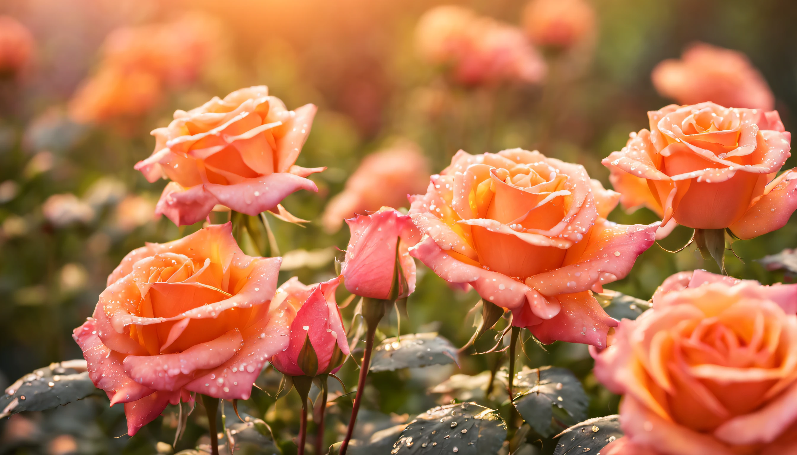 Many pinkish orange color rose flowers in the garden and sunlight with bokeh, dew drops on flower petals (masterpiece, ultra quality, high resolution, 8k, intricate: 1.2), (masterpiece), (best quality:1)