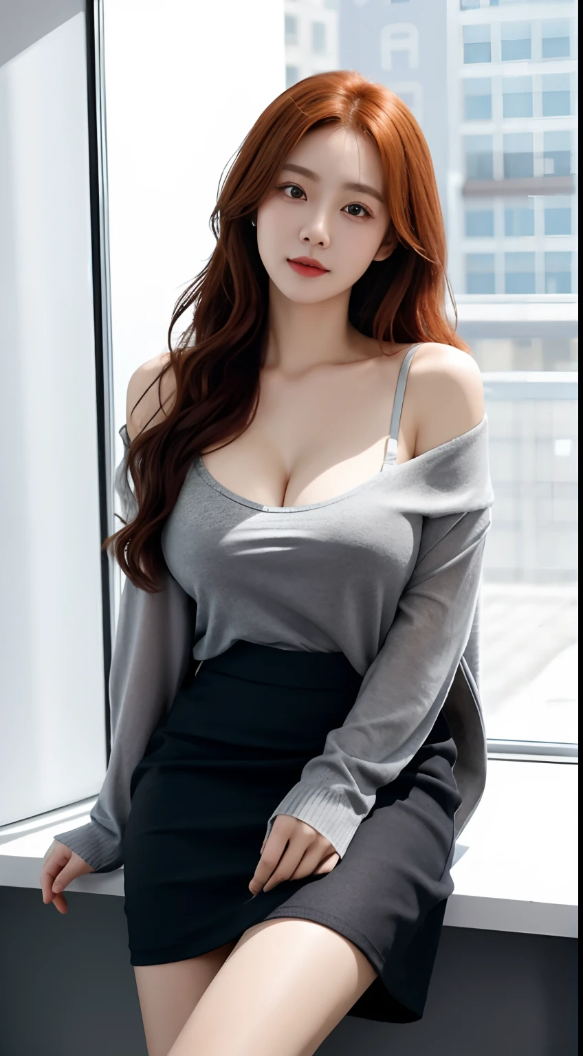 (8K,RAW photos,HighestQuali),(Epic reality:1.5),one-girl,dynamicposes,Erotic face,The shirt,(detailedeyes:0.8),(looking at the camera in:1.4),(HighestQuali),(Best shadow),Complicated details,cinematic ligh,((The skin:1.4)),inside in room,(Long flowing ginger hair:1.3),yuyao,best qualtiy,超高分辨率,(Realism:1.4),1girll,Off-the-shoulder white shirt,Black tight skirt,Black collar,(Faded gray hair:1),(gigantic cleavage breasts:1.2),looking at viewert,closeup cleavage,