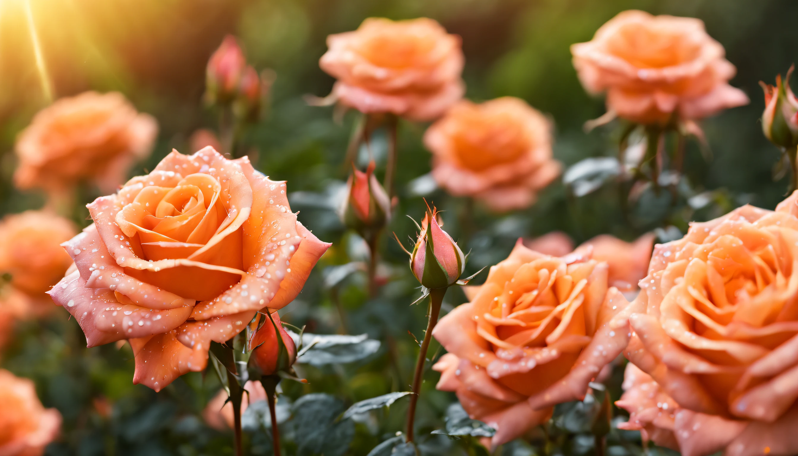 Many pinkish orange color rose flowers in the garden and sunlight with bokeh, dew drops on flower petals (masterpiece, ultra quality, high resolution, 8k, intricate: 1.2), (masterpiece), (best quality:1)