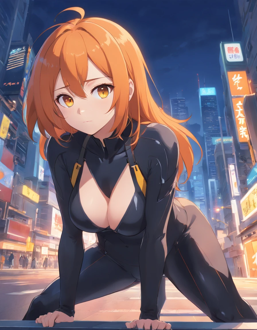 1 female、Orange hair、huge tit、Big ass、Black rubber suit、yellow eyes、thick and large thighs,