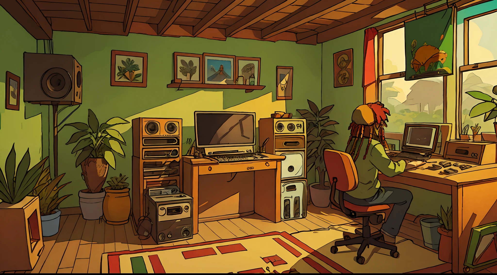 rasta music studio, rasta group making music, plants, weed,