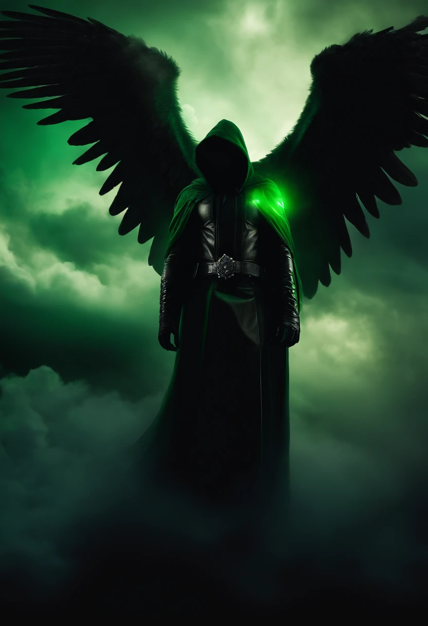 A male dark angel with spectral glowing green wings surrounded by clouds. Death. Hooded. Shadowy. Mist.