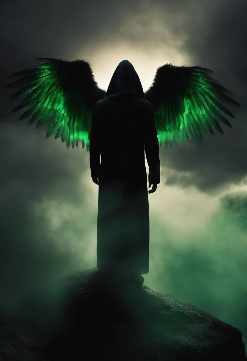 A male dark angel with spectral glowing green wings surrounded by clouds. Death. Hooded. Shadowy. Mist.