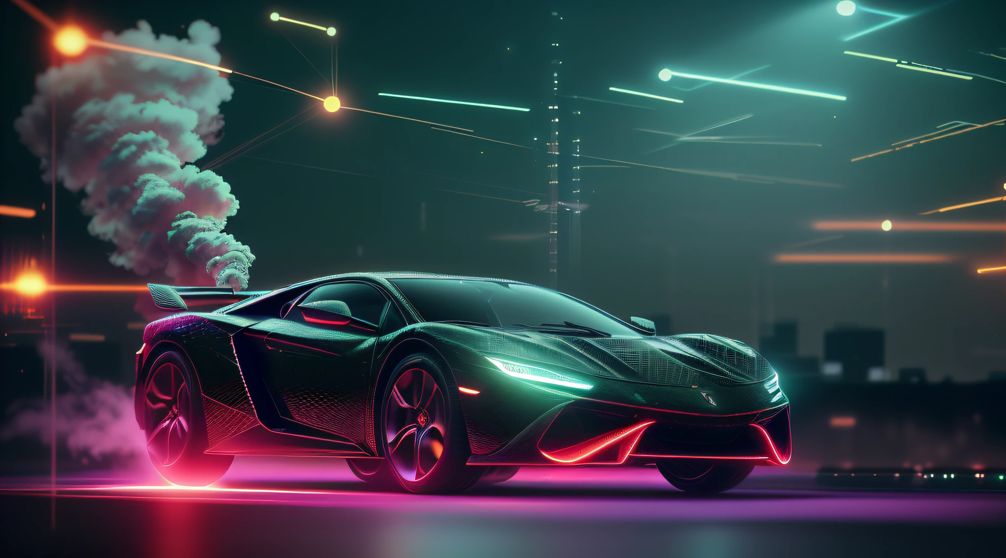 (ultra - detailed, 16K resolution, Cinema lenses,rendering by octane), (8k ,ultra detailed,raw photo:1.2),(realistic:1), (photorealistic:1), (lens flare:1.1), (bloom:1.1), (neon color smoke:1.2), ultra realistic purple neon lamborghini car, foggy neon night, misty neon lights, synthwave neon retrofuturism, mechanical features and neon, neon lit, synthwave aesthetic, neon dark lighting, artem demura beeple, money raining from the sky, cinematic neon uplighting, japan city night, intense colors