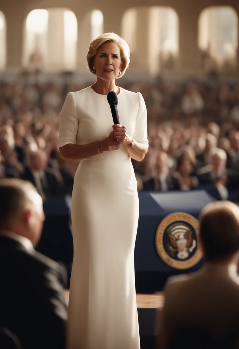 A mid age woman  very short blong hair wearing white dress  confidently stands as the American president and delivers a powerful speech to a crowd