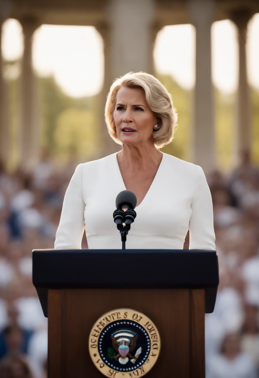 A mid age woman  very short blong hair wearing white dress  confidently stands as the American president and delivers a powerful speech to a crowd