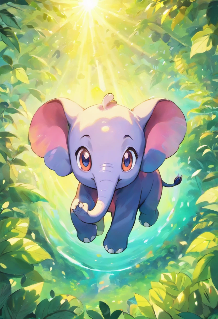 aerial view, playful, fantasy, whimsical. (best quality, ultra-detailed, vibrant colors), elephant with colorful and vibrant skin, adorable baby elephant, big expressive eyes, lush forest with sunlight streaming through.