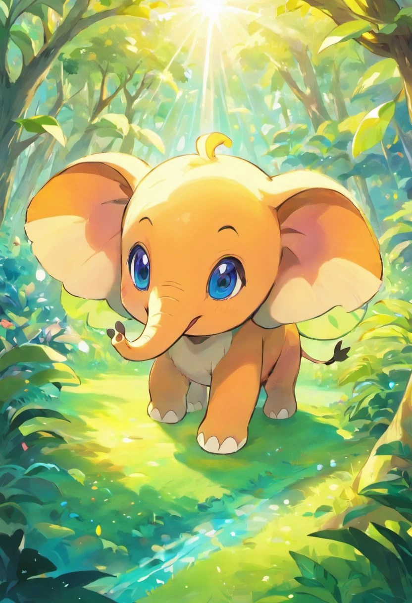 aerial view, playful, fantasy, whimsical. (best quality, ultra-detailed, vibrant colors), elephant with colorful and vibrant skin, adorable baby elephant, big expressive eyes, lush forest with sunlight streaming through.