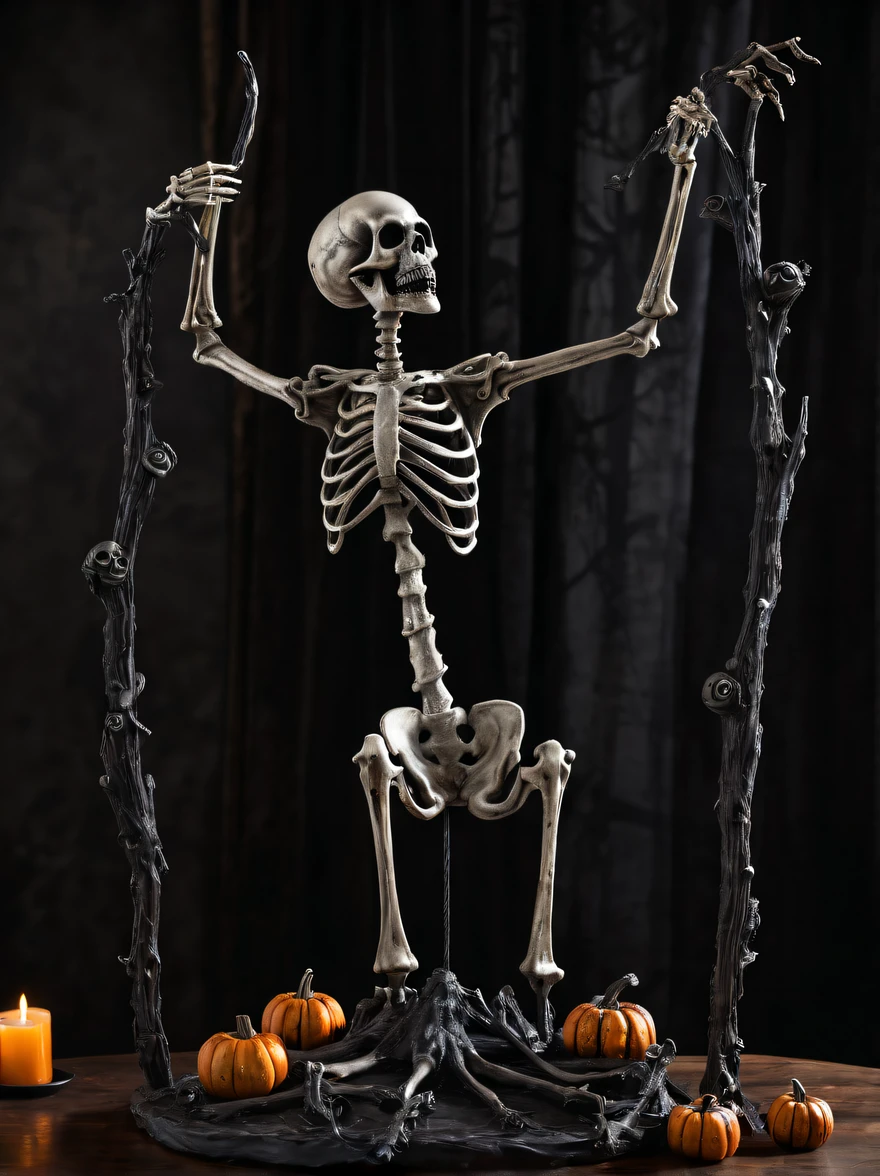 Experience the chilling presence of a sinister skeleton with this captivating sculpture where a macabre and intricately detailed skeleton sculpture adds a touch of horror to any Halloween decor. The composition showcases the intricate details of the skeleton, with elongated limbs and a menacing expression, evoking a sense of both fascination and dread. The use of shadows and angles enhances the sculpture's eerie ambiance, making it a haunting centerpiece for Halloween celebrations. Created by renowned sculptor Kris Kuksi.