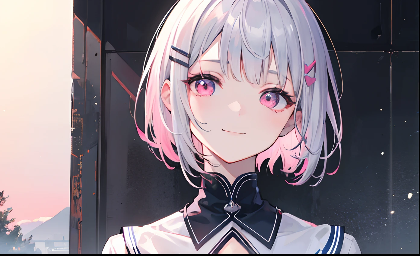 Pink girl with silver hair, Pink eyes, Very short hairstyle, A shy smile, hair clips, Long sleeves, Small chest, Reflection, Magic Hour, landscape, scattering of light, Transparent of ligh, (bustup:1.2), (masutepiece). (Best Quality, 8K, hight resolution), Ultra-detailed, (Realistic), Vivid colors.