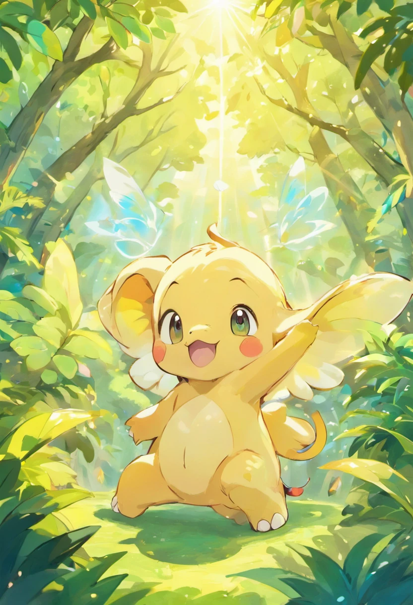 Aerial view, frisky, fantasia, caprichoso. (melhor qualidade, ultra-detalhado, cores vibrantes), elefante com pele colorida e vibrante, Adorable Baby Elephant, com medo, fugindo, grandes olhos expressivos, Lush forest with sunlight streaming through.