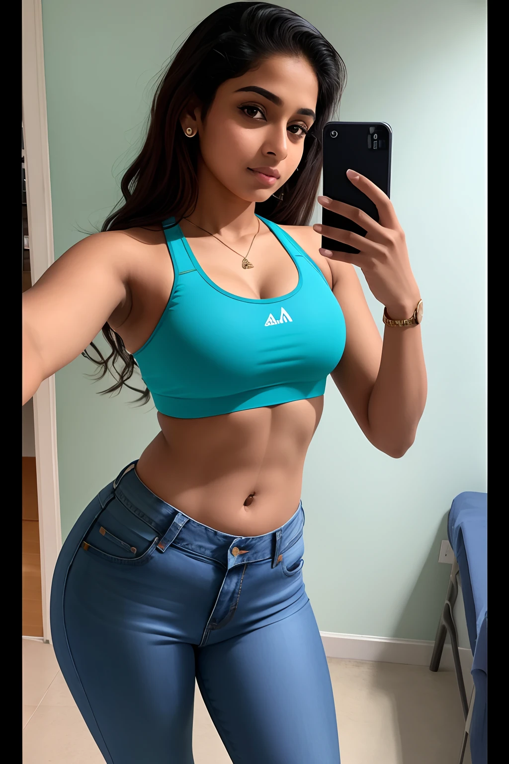 uma mulher com uma blusa vermelha e shorts azuis na praia, cintura magra e quadris grossos, 2 Modelo feminina de 4 anos, Garota sexy, usando um top cropped sexy, cintura fina, tshirt azul apertada, topo de corte, roupa apertada, usando roupas simples e apertadas, camisa apertada, vermelho, cintura fina, her navel is exposed, vestido com um top e shorts