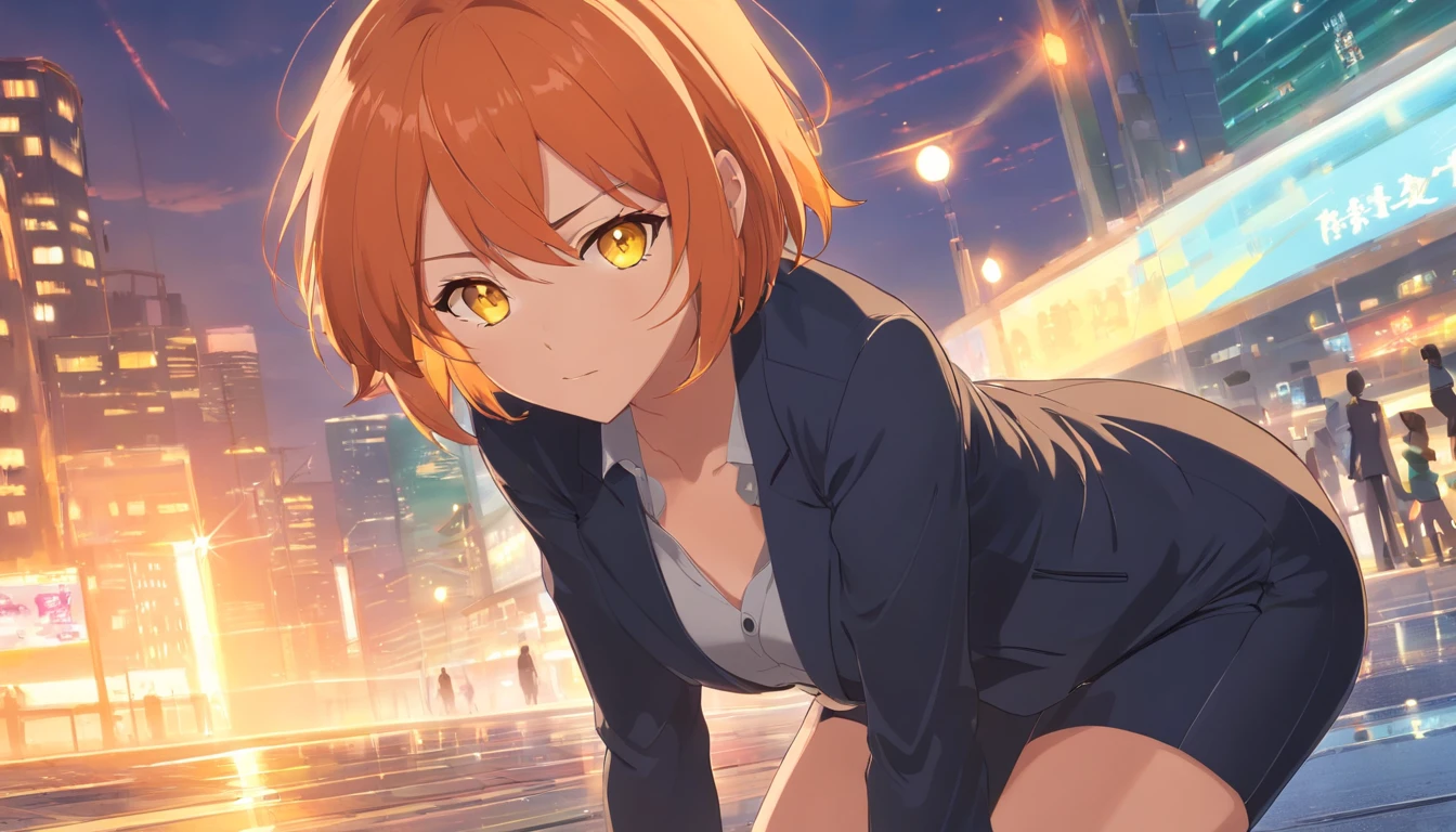 1 female、Orange hair、爆乳、Bakujiri、Black tight suit、yellow eyes、thick and large thighs,、Short Bob