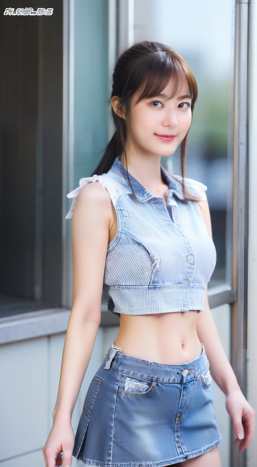 tmasterpiece、top-quality、(reallistic、Lift the hem of the skirt to show white panties、poneyTail、Denim Mini Skirt、Photorealsitic:1.4)、Looking down at the camera、Composition looking up from below、Posing so that white panties are visible、(Raw photo:1.2)、Very elaborate CG Unity 8K wallpaper、Very delicately beautiful, majestueux、Attention to detail、beautiful thigh、Beautiful navel、Beautiful panties、offcial art、absurderes、incredibly absurd resolution、Huge file size、Extremely fine、Very elaborate、Beautiful eyes and face、beautiful elaborate eyes、Light on the Face、1 girl in、a navel、The upper part of the body、Grey sleeveless shirt、Bare wrist、By bangs、ULGAN-6500-V1.1, Big breasts, thick thight, (((Denim miniskirt))), Unique Pose, ((Nice)), sneakers, looking in camera, A smile