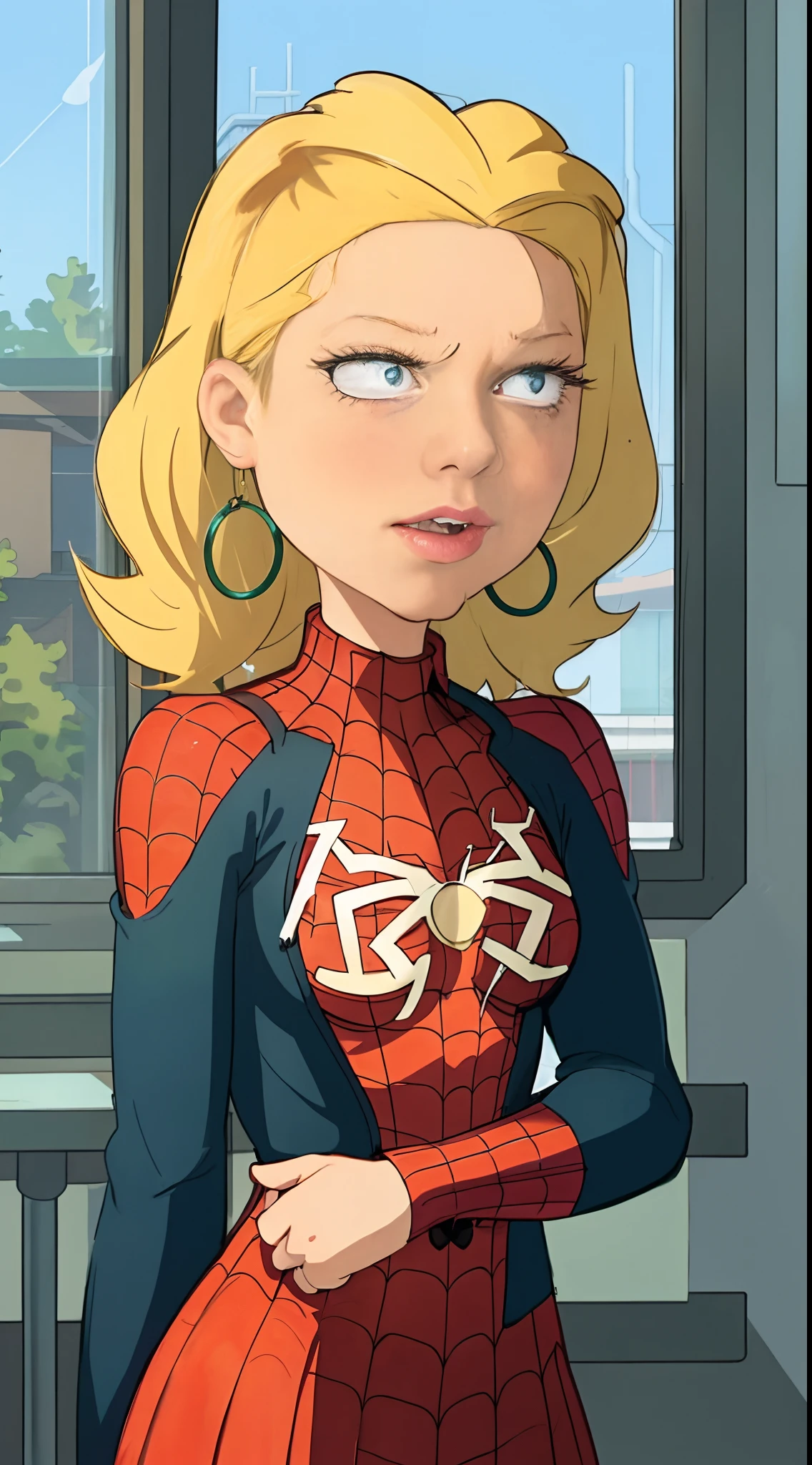 ((Peter Parker in spiderman uniform)), girl body, model body, big blue eyes, small breasts, long legs, medium hoop earrings, spiderman uniform, tiny pleated skirt, low angle shot, skin very white, long hair, wavy hair, blonde hair, school in the forest, classroom, photorealistic, indirect lighting, volumetric light, specular light, ray tracing, hyperdetailed, best quality, ultra-high resolution, HDR, 8k, focus soft mist