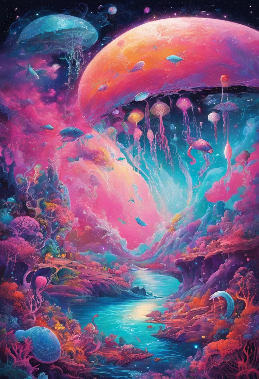 "(Best quality,A high resolution,Masterpiece:1.2),Vivid colors,Ultra-detailed,Flying jellyfish and whales in space,view of the cosmos,Colorful nebula,glittering stars,Fragile beauty,Otherworldly creatures,Ethereal atmosphere,Engaging anti-gravity scenes,Alien sea creatures,Swim gracefully in zero gravity,fantastic composition,Surreal celestial ballet,atranslucentbody,Bioluminescent traces,Illuminate the dark abyss,awe-inspiring spectacle,Turquoise tones,Indigo and violet,Interstellar exploration,Pulsating energy,cohabiting peacefully,Harmony in the universe" Pink theme, pink gradient