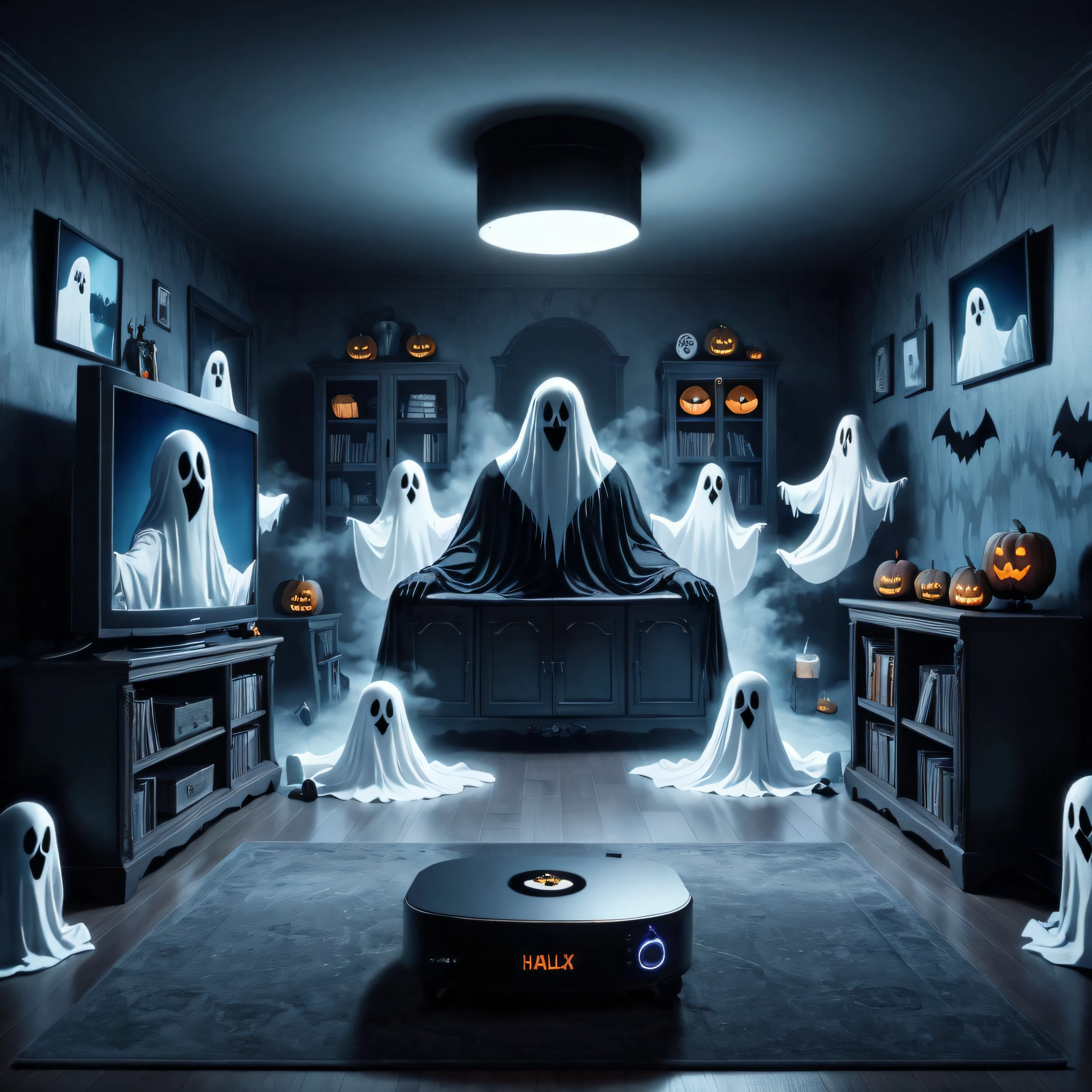 concept art a ghost sitting in a living room with a tv, halloween atmosphere, spooky and scary atmosphere, halloween wallpaper with ghosts, halloween scene, ghosts theme, in a halloween style, hyperreal highly detailed 8 k, spooky halloween theme, cute funny ghost, halloween theme, ghostly ghost, ghostly teenager bedroom, cute 3 d render, spooky netflix still shot, haunted house themed . digital artwork, illustrative, painterly, matte painting, highly detailed