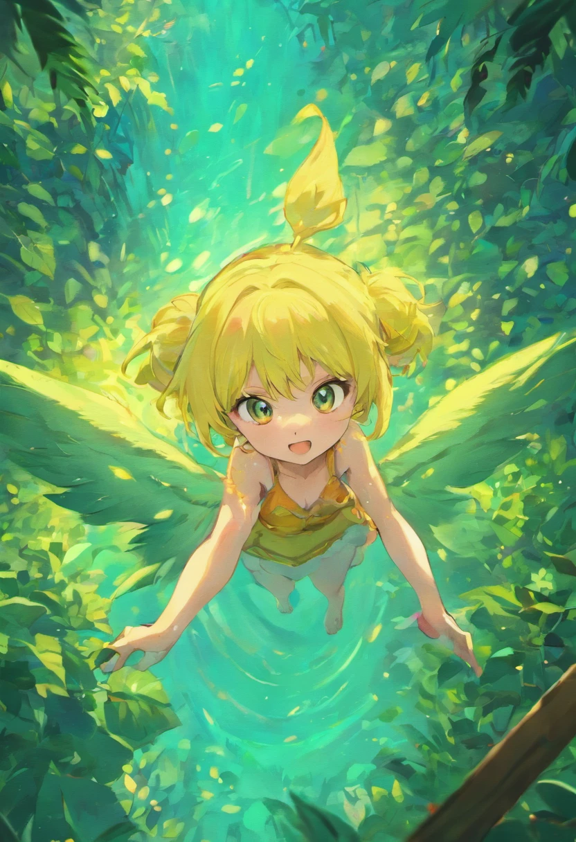 Aerial view, frisky, fantasia, caprichoso. (melhor qualidade, ultra-detalhado, cores vibrantes), elefante com pele colorida e vibrante, Adorable Baby Elephant, fear expression, fugindo, grandes olhos expressivos, Lush forest with sunlight streaming through.