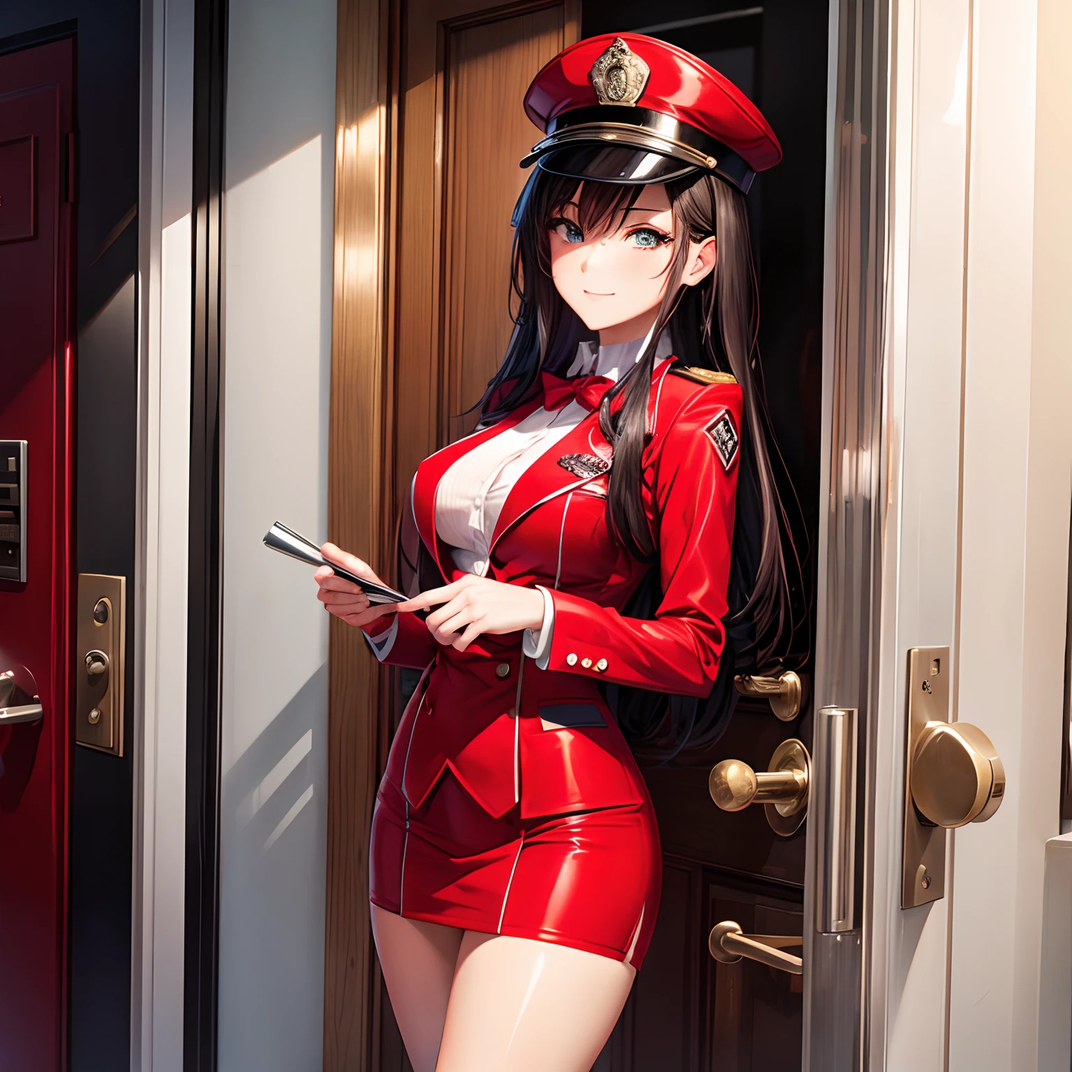 Sexy Girl in a red doorman uniform at the door of a hotel