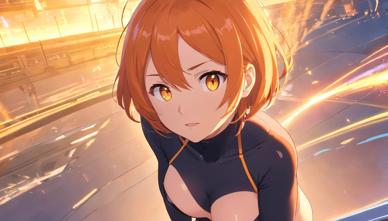 1 female、Orange hair、huge tit、Big ass、Black bodysuit、yellow eyes、thick and large thighs,、Short Bob