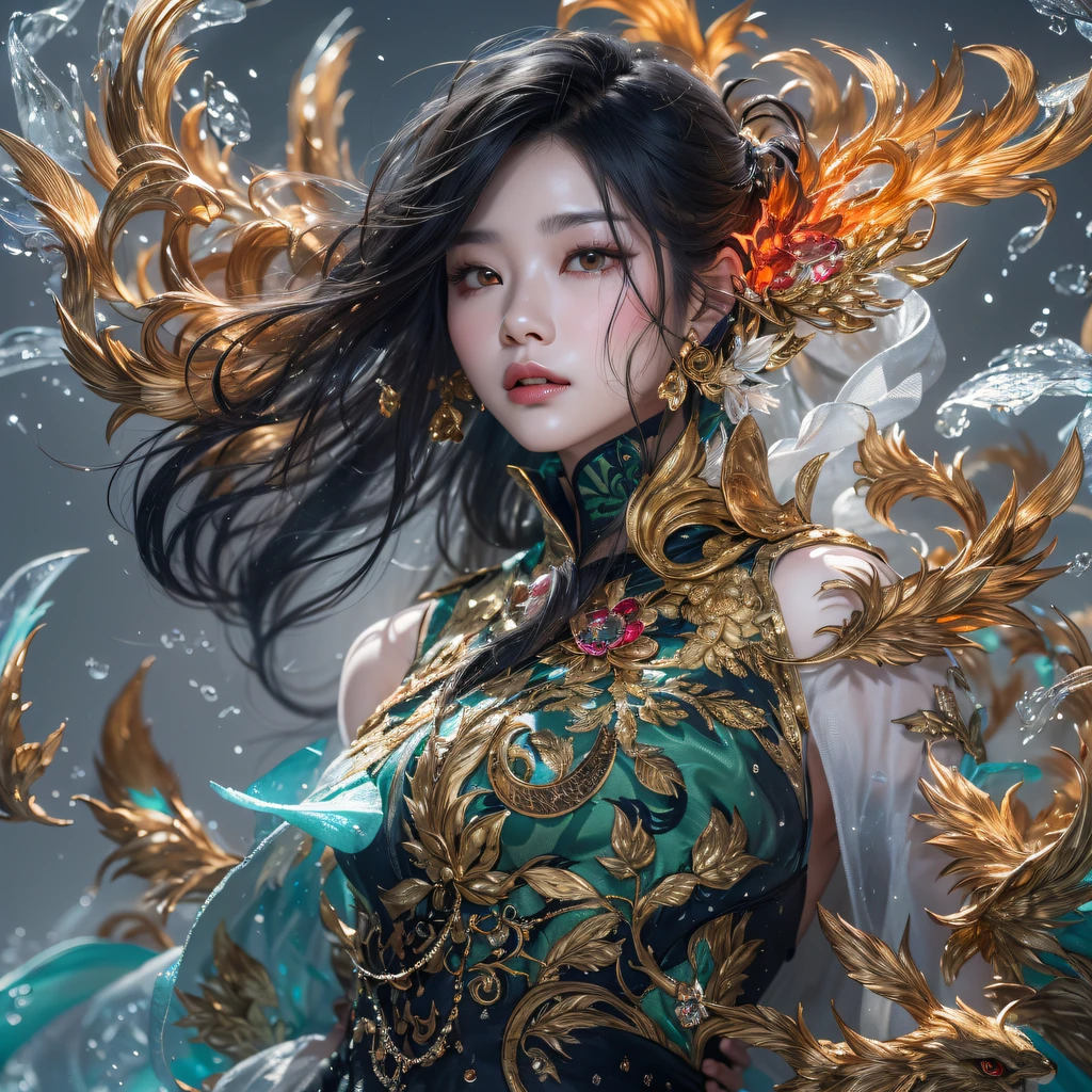 Flying Nine-Tailed Light Blue Sky Division Flame Long-haired Fox Star,een Erotica,Torch night black golden orange brocade silk snake print silk pants,Rouge diamond tulle sheer lizard-patterned leggings,Fat Girl Space Fly in the Snow 1:900 miniatures,Front view,Pure transparency,Wear boxing gloves,Wear thick-framed reflective sunglasses with gold wire,Panorama ultra-wide angle,extremely happy,The texture of the real person is delicate,Strong visual impact,hyper-detailing,Dream girl,Refined face,prettyeyes,Hair strands float in the air, cherry Models,Zhou Xiaotong,crystal-clear,Good sense of perspective,Light and shadow effects,16K smooth,Surface reflected light,Flowing black hair,Water Goddess 32K,复杂,ellegance,highly detailed,A majestic,Digital photography,Autumn cowboy shot,surrealism painting,Broken rubies,Beating magic,Entwined water magic,(tmasterpiece,Cinematic light,Fine beautiful eyes:1.2),hdr,Void 5 Energy Storm,(China 1 girl,Black eyes:1.5),Rouge skin,Glowing skin,(sitting on the stone:1.5),delicated face,Black color hair,Put on palatial gold armor,cropped shoulders,,short skirt,Beautiful golden armor,Rained,big breasts beautiful,looking at viewert,Face away from the camera,tmasterpiece,Lateral face,Side portrait close-up