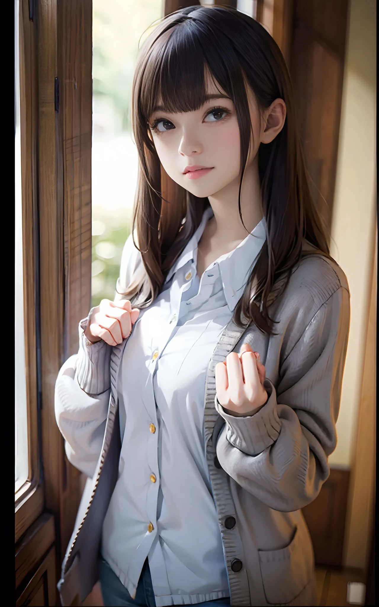 ((masterpiece)),((best quality)), absurdres, 1girl, 1boy, 蹲女牛仔姿势, pov, 校服, (classroom:1.1), sunlight, (half-closed eyes:0.4), (parted lips:1.4 ), (鼻红:1.2), 浅笑,