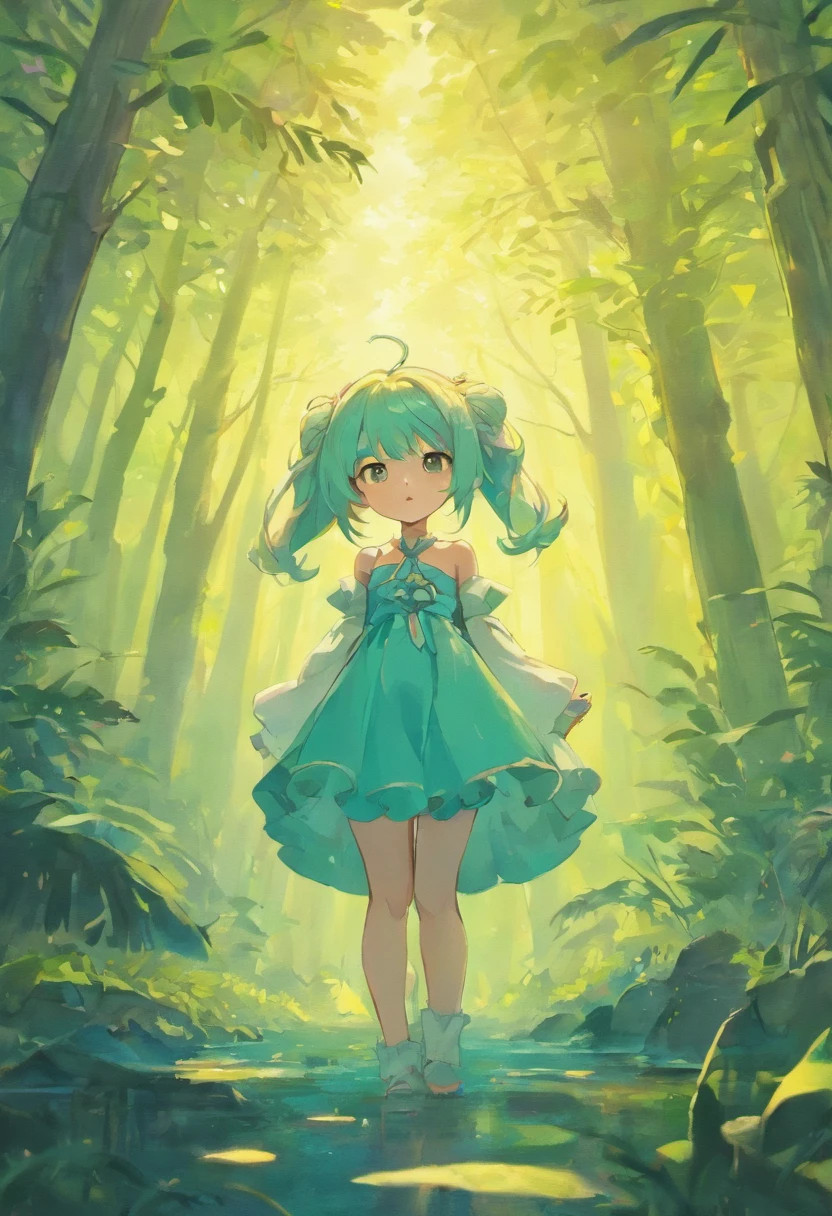 elefante, frisky, fantasia, caprichoso. (melhor qualidade, ultra-detalhado, cores vibrantes), elefante com pele colorida e vibrante, Adorable Baby Elephant, com medo, fugindo, grandes olhos expressivos, Lush forest with sunlight streaming through.