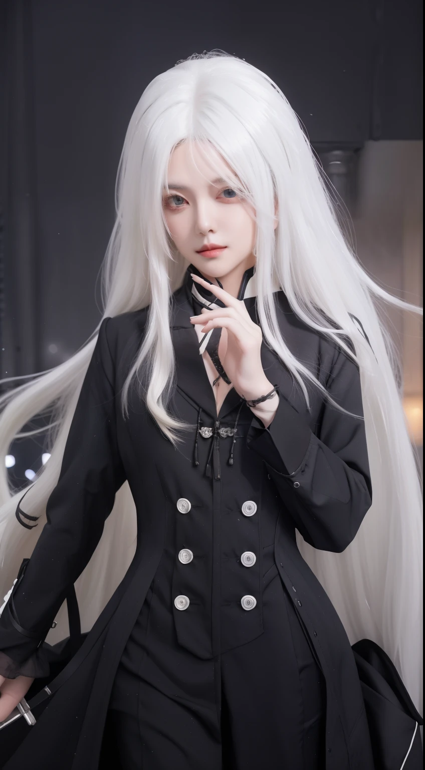 a close up of a person with long white hair and a black coat, perfect white haired girl, white haired, white-haired, white haired deity, fine details. girl with white hair, white haired lady, azur lane style