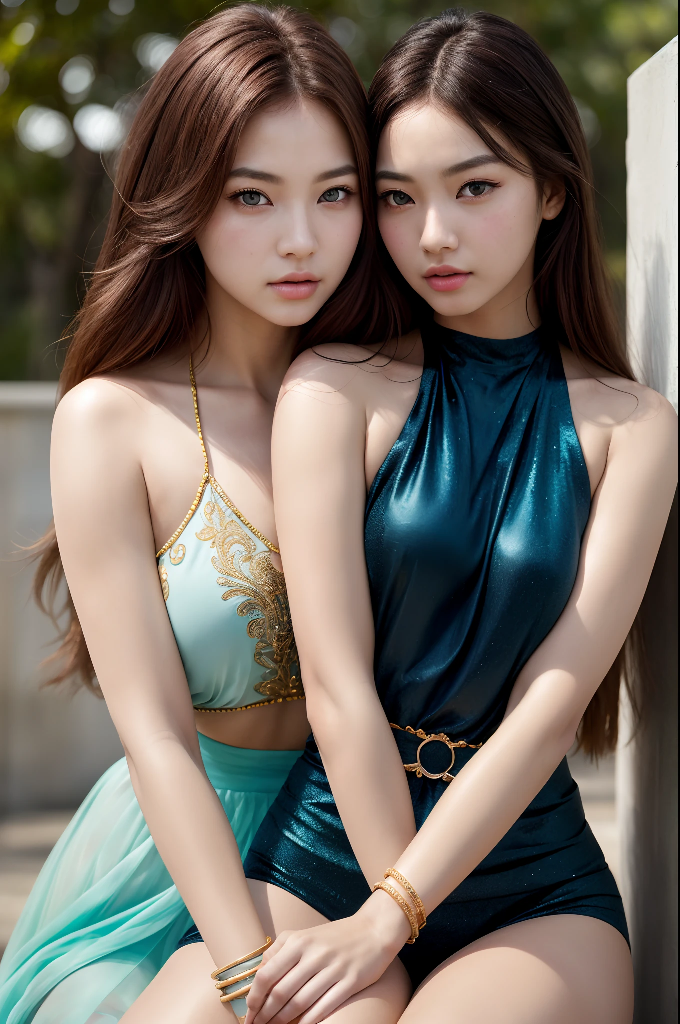 2girls,duo,8K Raw photograph,超高分辨率, filmgrain, filmg,view the viewer, Natural skin texture,Realistic eye and face details,((Realistic:1.5)),Ulzzang-6500:1.4,((Best quality)), ((Masterpiece)),((Detailed)),{2 beautiful women}, (Upper body:1.3),Hug and touch each other, Tease your friend's waist, Breathless friends, Biting a friend's earlobe, crouched,super wide shot,Face focus, Long legs,Curvy, Barefoot,Wide hips, Thin legs, Oversized eyes,Long eyelashes, (Detailed face,beautidful eyes, detailedpupils,detailed clothes features, Clear background:1.3), (armlets, bangle:1.3),bright detail,Sharp,Perfect compounding, Intricate, Sharp focus, Dramatic,