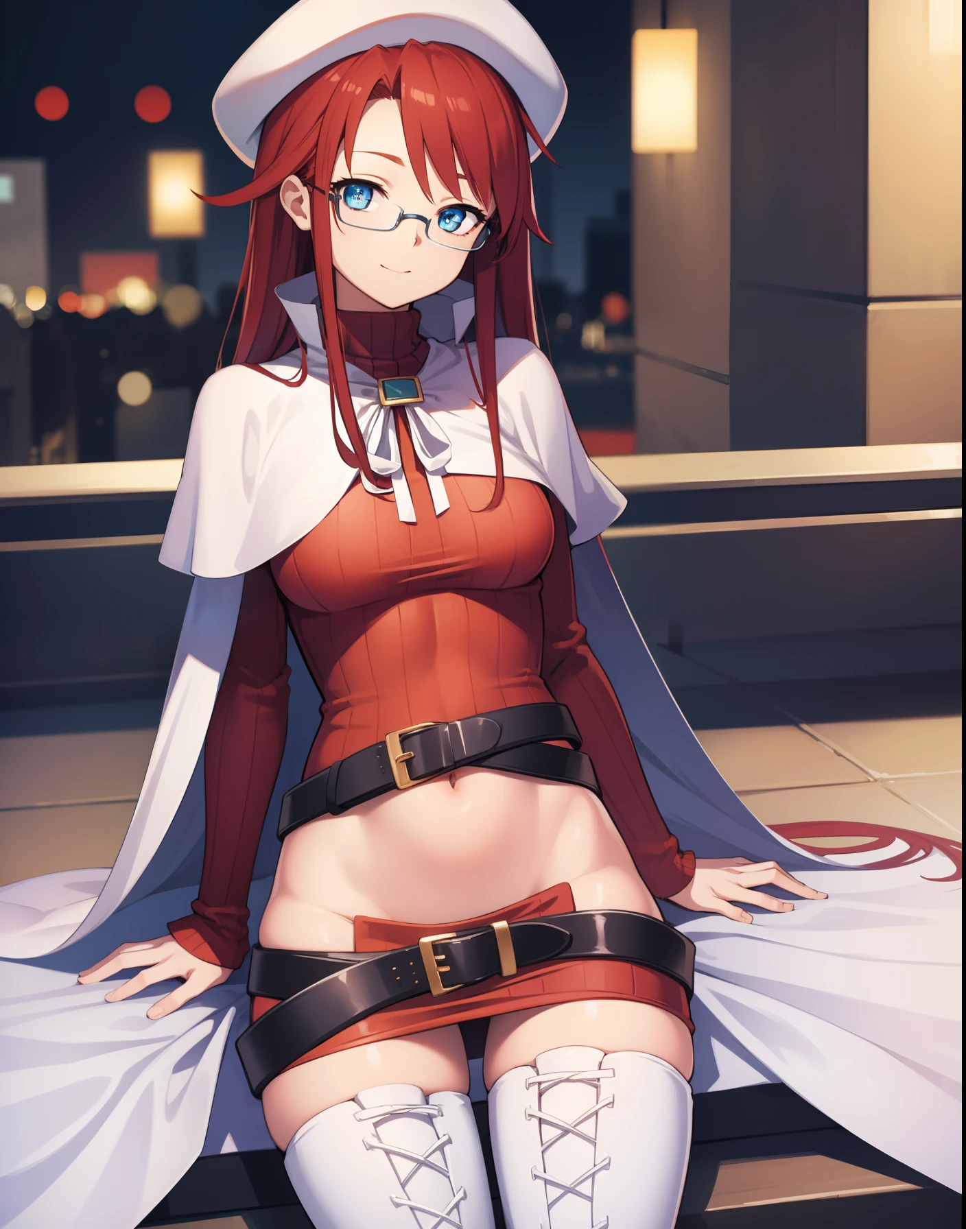 summonnightaty, aty, long hair, blue eyes, red hair, beret, hat, glasses,
BREAK long hair, thighhighs, hat, dress, boots, glasses, belt, cape, sweater, zettai ryouiki, beret, thigh boots, white footwear, ribbed sweater, loose belt,,
BREAK looking at viewer,
BREAK outdoors, fantasy_city,
BREAK (masterpiece:1.2), best quality, high resolution, unity 8k wallpaper, (illustration:0.8), (beautiful detailed eyes:1.6), extremely detailed face, perfect lighting, extremely detailed CG, (perfect hands, perfect anatomy),covered_nipples,covered_navel,light_smile,dynamic_posing,half_eyes,spread_legs,sitting,