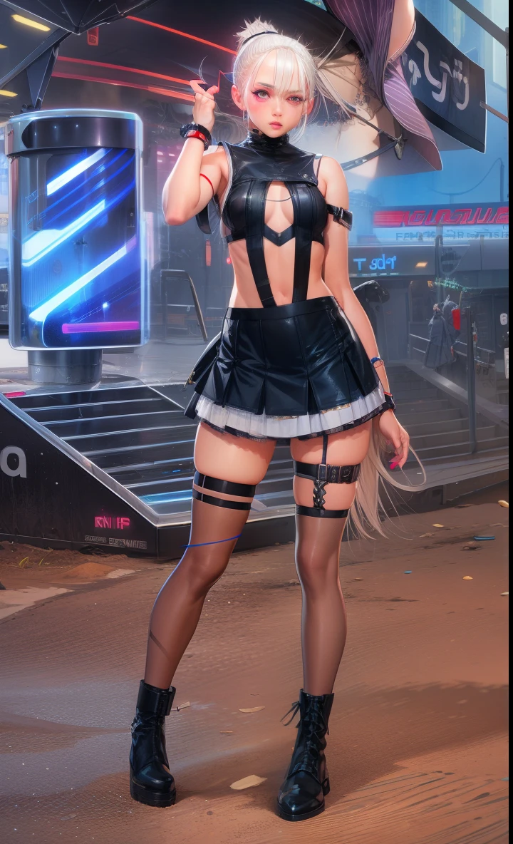 Portrait (lone (Britney Spears) wearing skintight (white tanktop) and (mini micro-skirt) (black-stockings) (stilettos)1.2) (hooters), standing in open arena, (huge natural breasts), (front view), (ultra wide shot:1.2) (photorealistic:1.3) ((best quality)), (insanely detailed eyes iris), (extremely detailed face), cinematic lighting, colorful