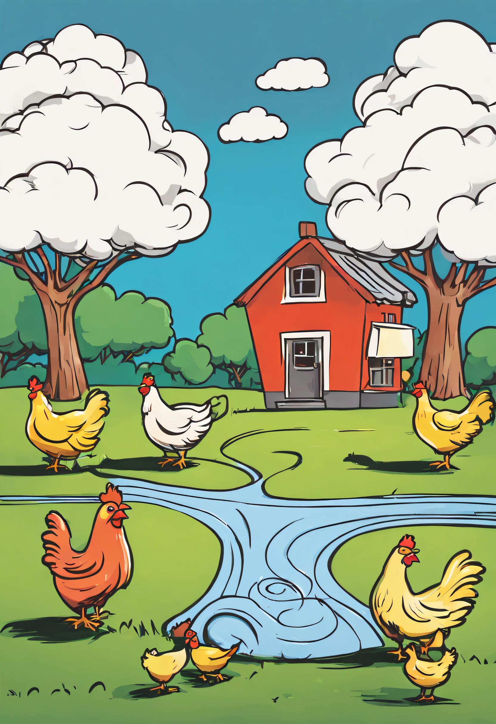 create an image that look like cartoon draw by ??? : a hose with chickens in front, with tree and cloud